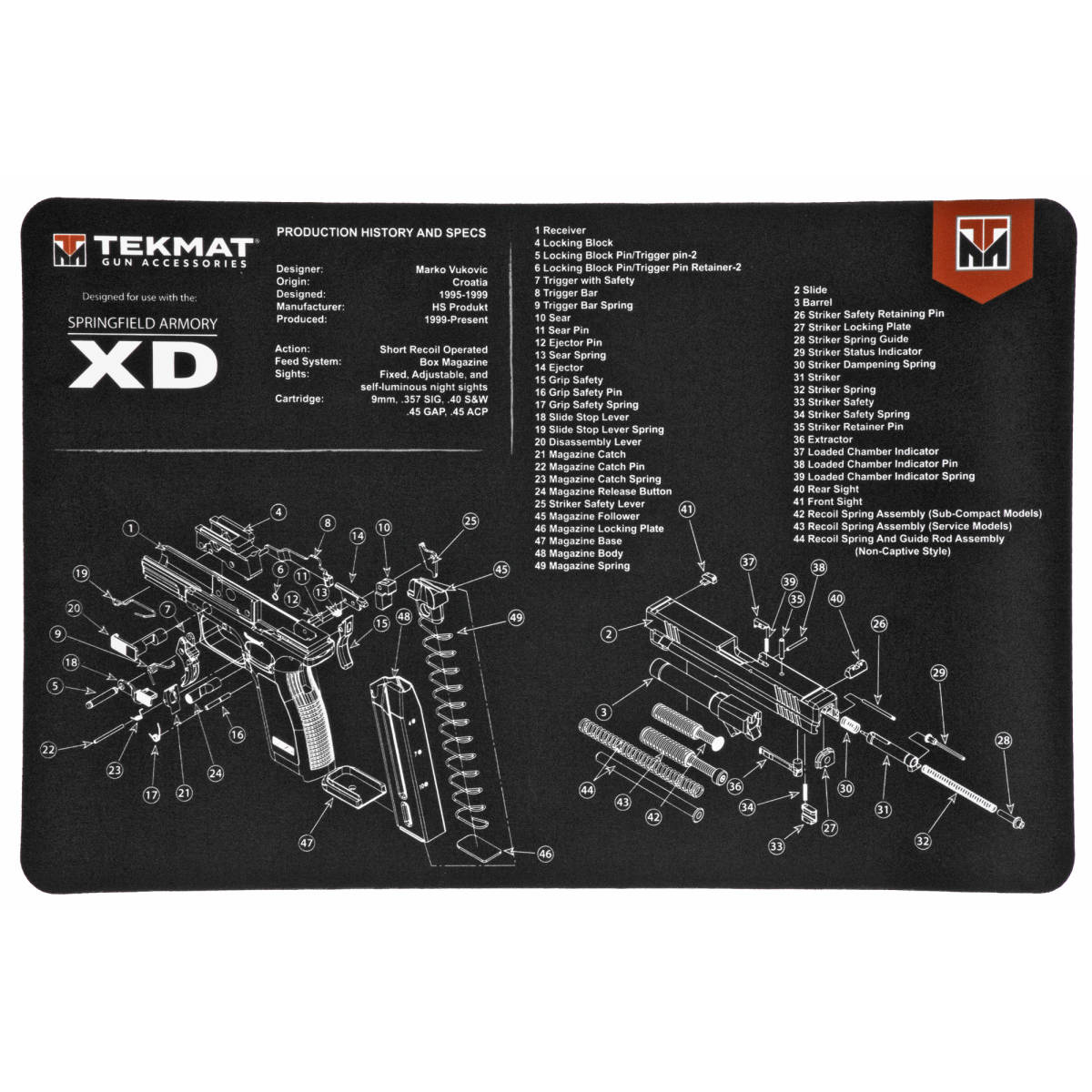 TekMat TEKR17XD Springfield Armory XD Cleaning Mat Parts Diagram 11” x
