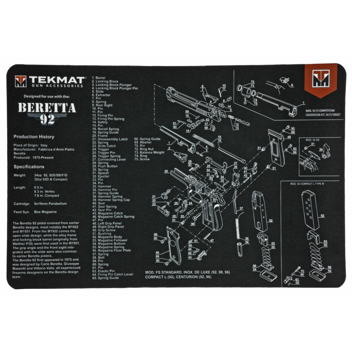 TekMat TEKR17BER92 Beretta 92 Cleaning Mat Parts Diagram 11” x 17”-img-0