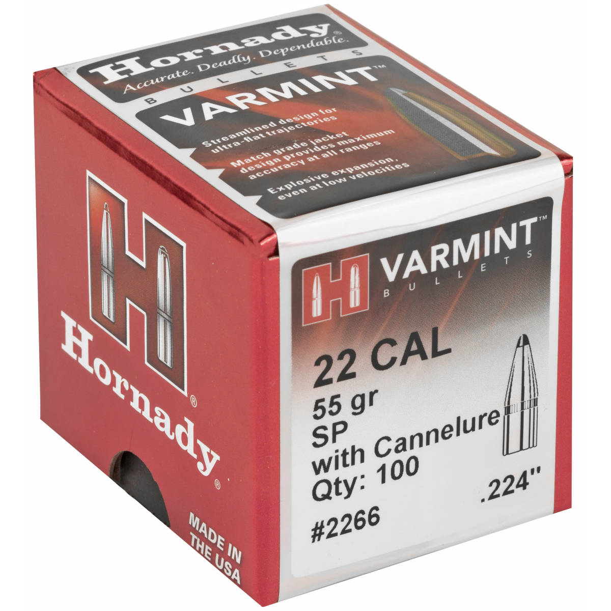 Hornady 2266 Traditional Varmint 22 Cal .224 55 gr Soft Point 100 Per...-img-1