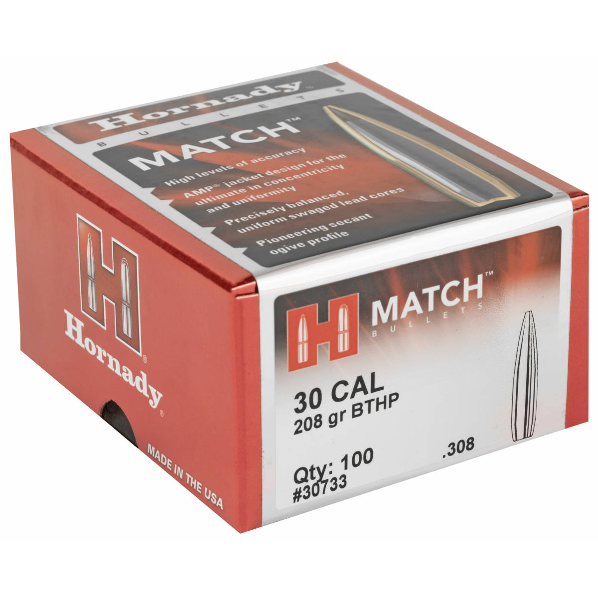 Hornady 30733 Match 30 Cal .308 208 gr Hollow Point Boat Tail 100 Per ...