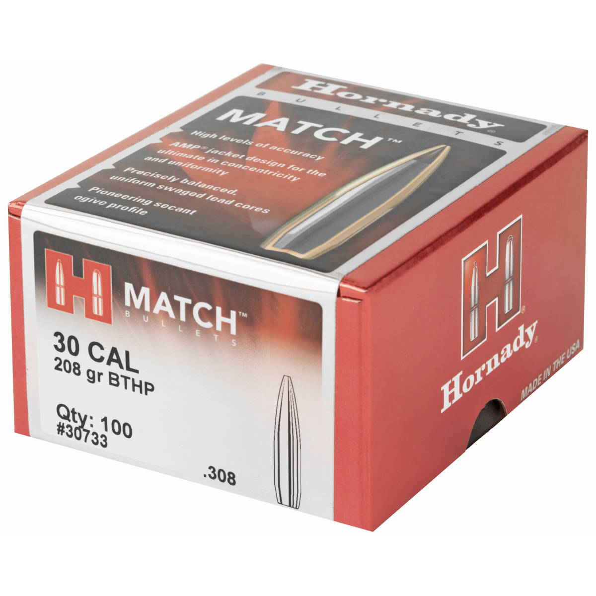 Hornady 30733 Match 30 Cal .308 208 gr Hollow Point Boat Tail 100 Per ...