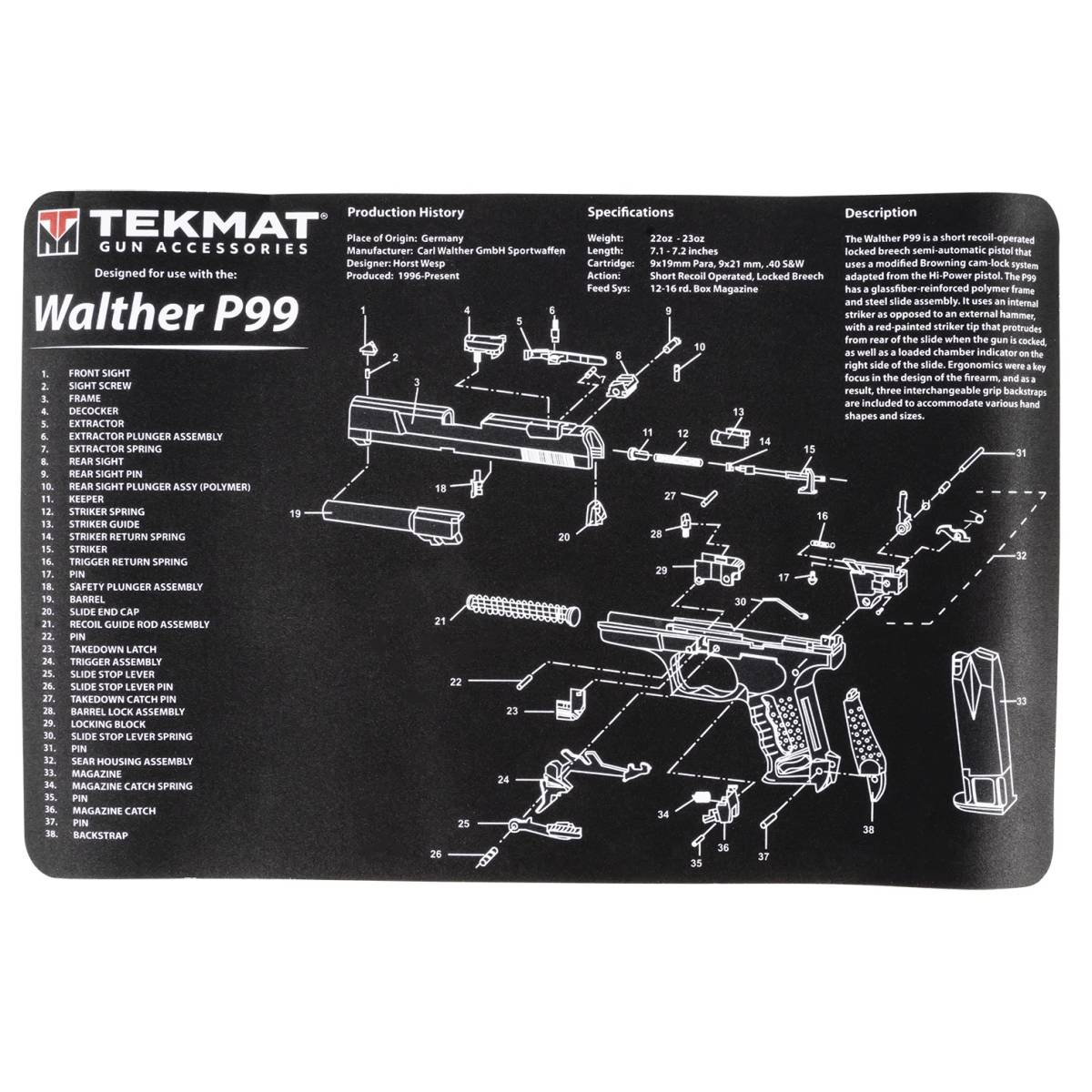TekMat TEKR17WALP99 Walther P99 Cleaning Mat Black/White Rubber 17”...-img-0