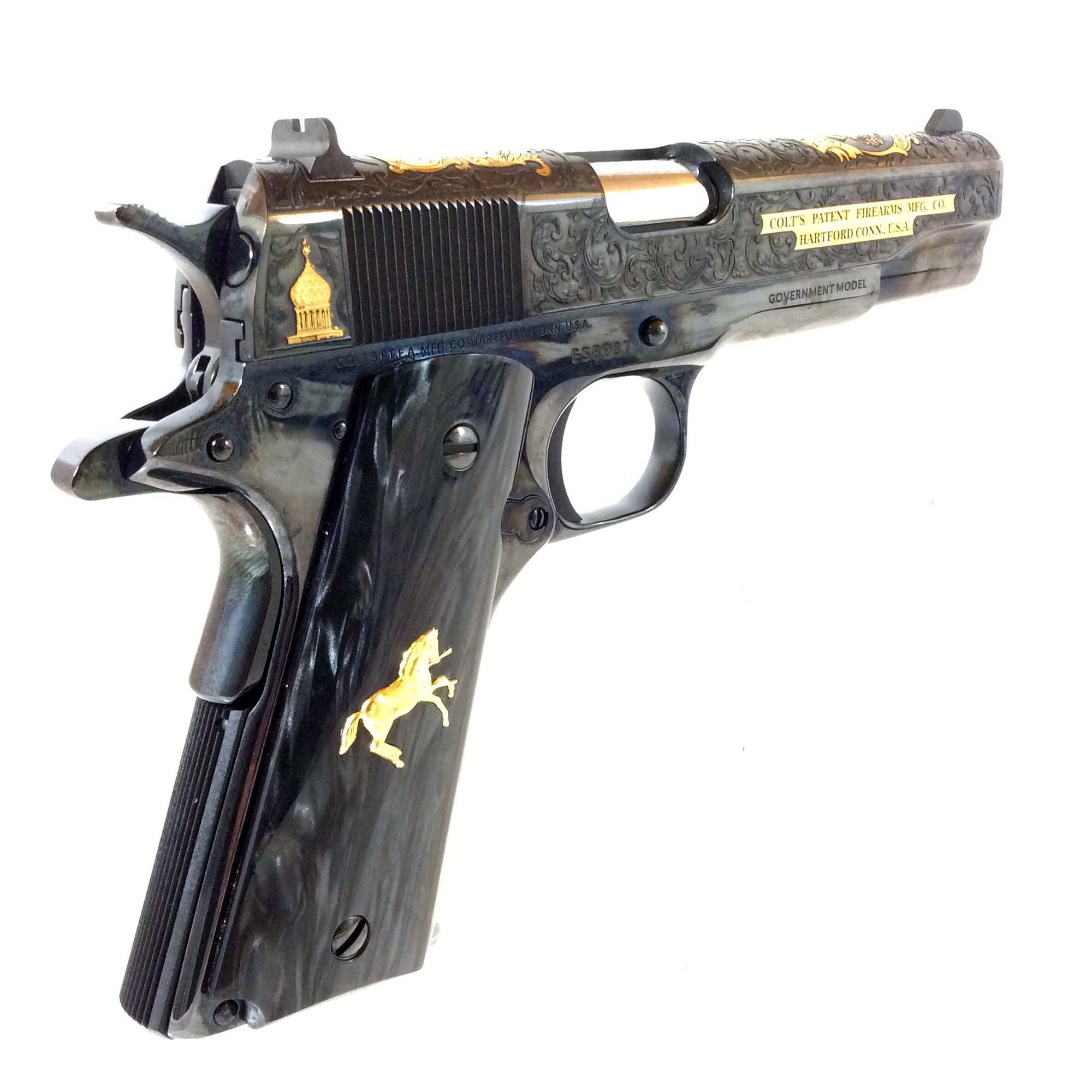 Colt Government 38 Super 9rd Blued Engraved Gold Inlay Shooter's