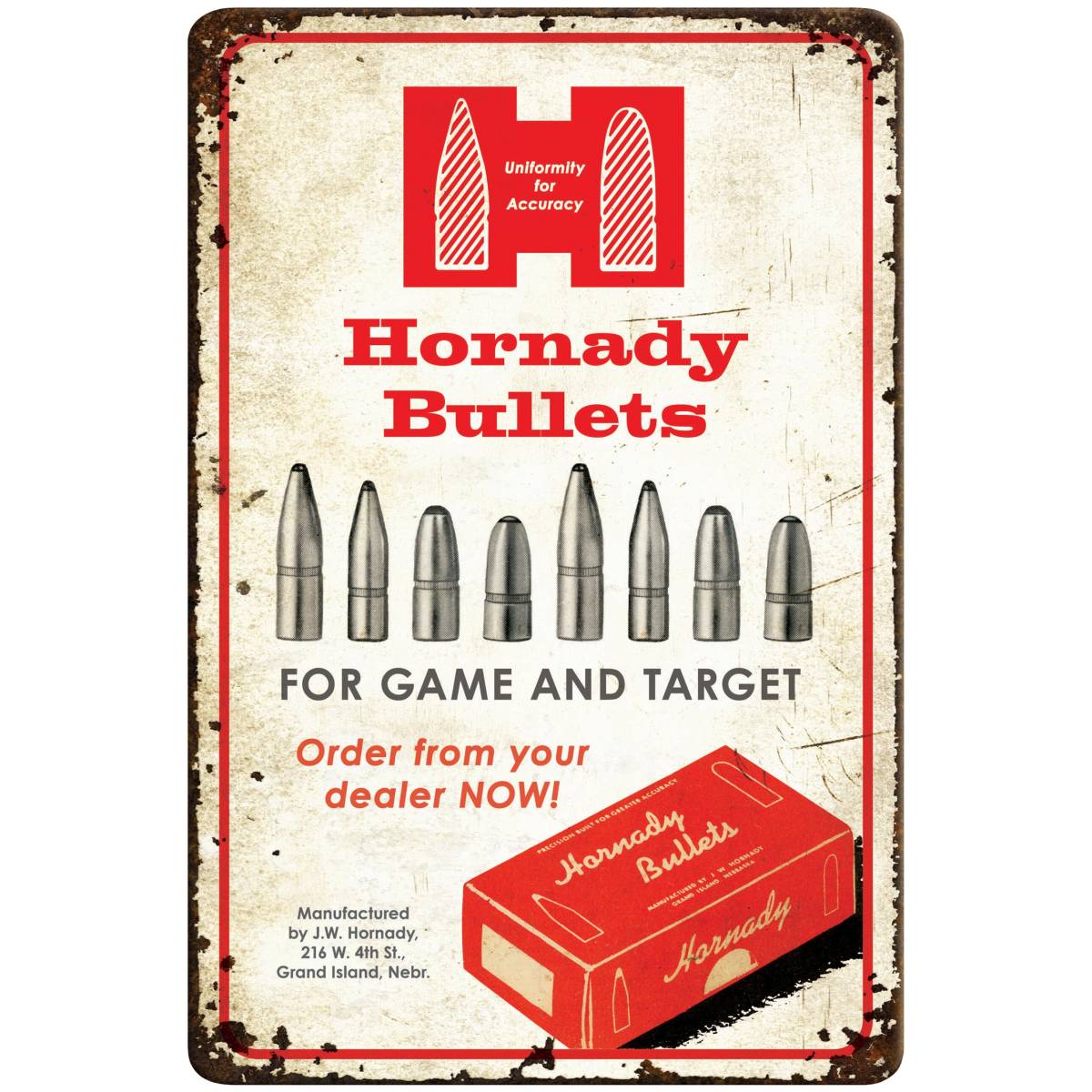 Hornady 99145 Bullets Tin Sign Rustic Red White Aluminum 12” x 18 ...