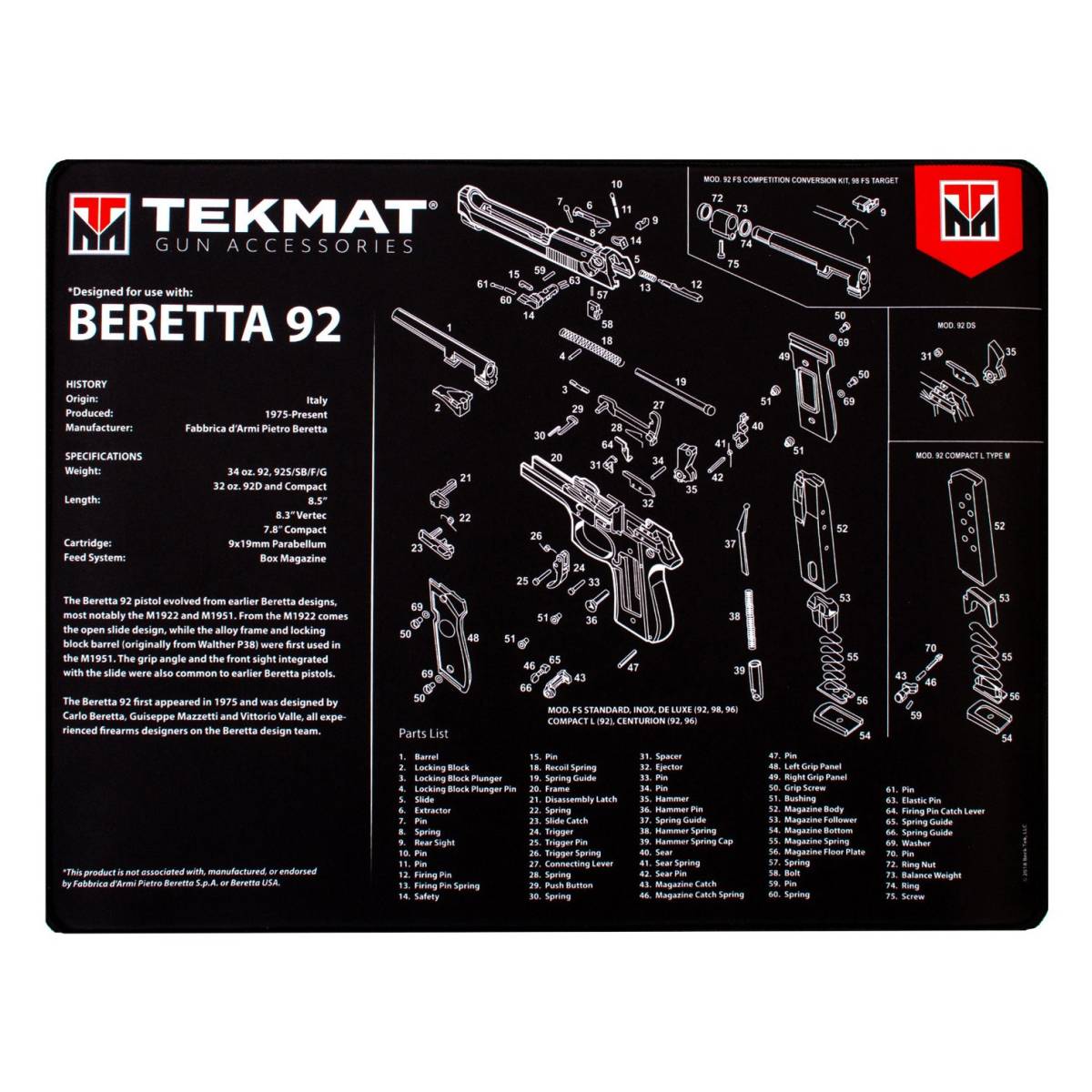 TekMat TEKR20BER92 Beretta 92 Ultra Cleaning Mat Black/White Rubber...-img-0