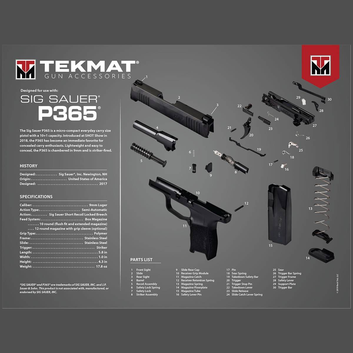 TekMat TEKR20SIGP365 Sig Sauer P365 Ultra 20 Cleaning Mat Parts Diagram...-img-0