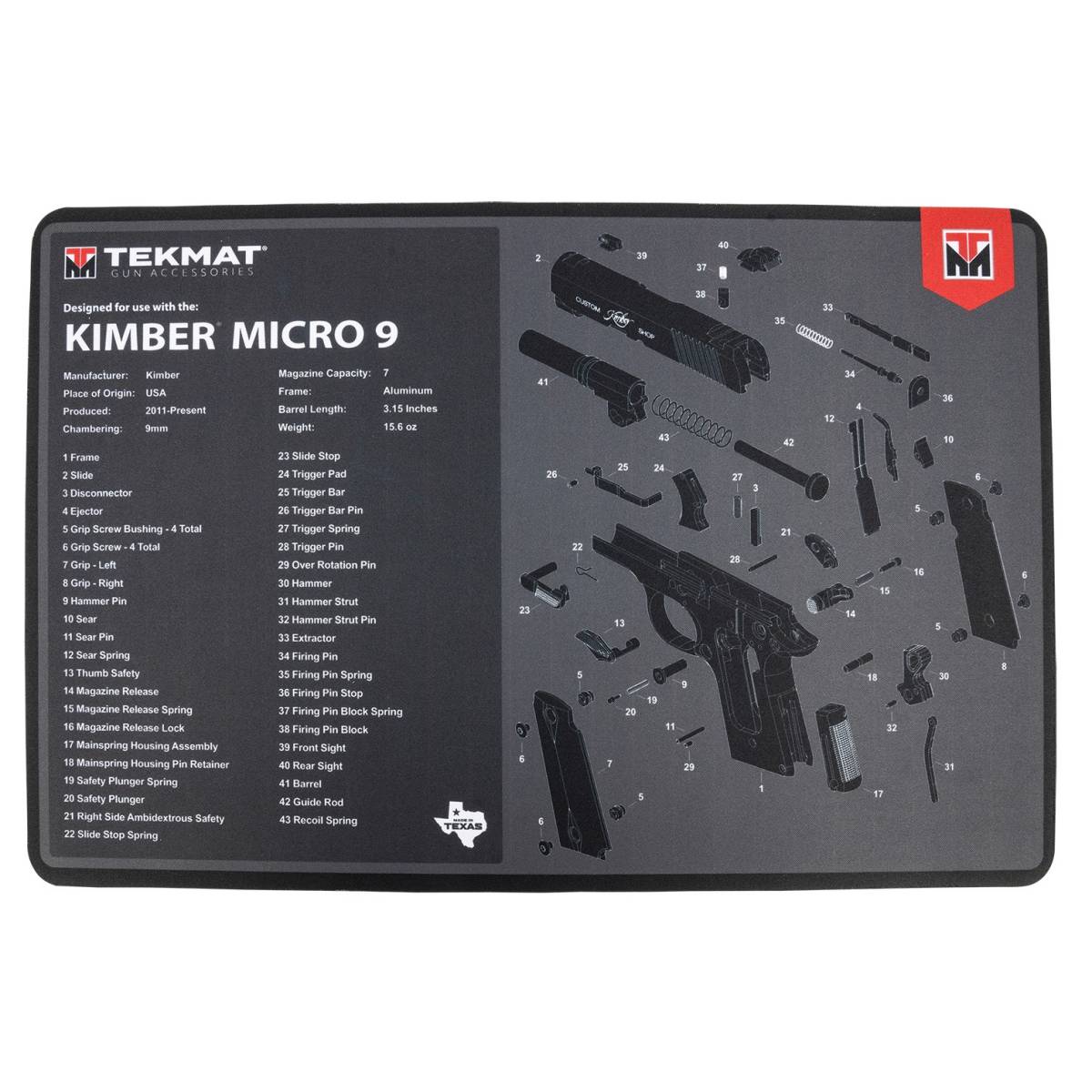 TekMat TEKR17KIMBERMCR9 Kimber Micro 9 Cleaning Mat Parts Diagram 11”...-img-0