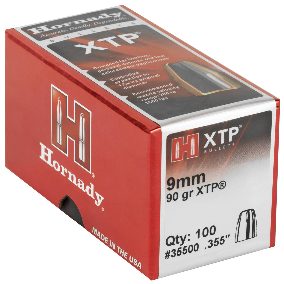 Hornady 9mm Caliber 90 Grain XTP Hollow Point Bullets 100 CT Box #3550-img-1