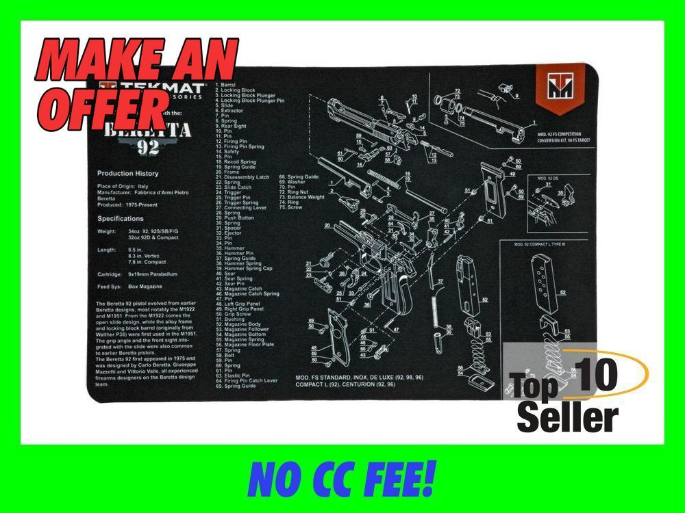 TekMat TEKR17BER92 Beretta 92 Cleaning Mat Parts Diagram 11” x 17”-img-0