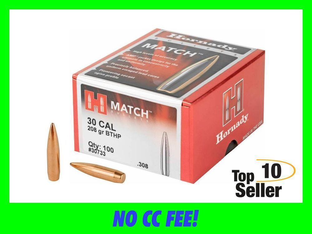 Hornady 30733 Match 30 Cal .308 208 gr Hollow Point Boat Tail 100 Per ...