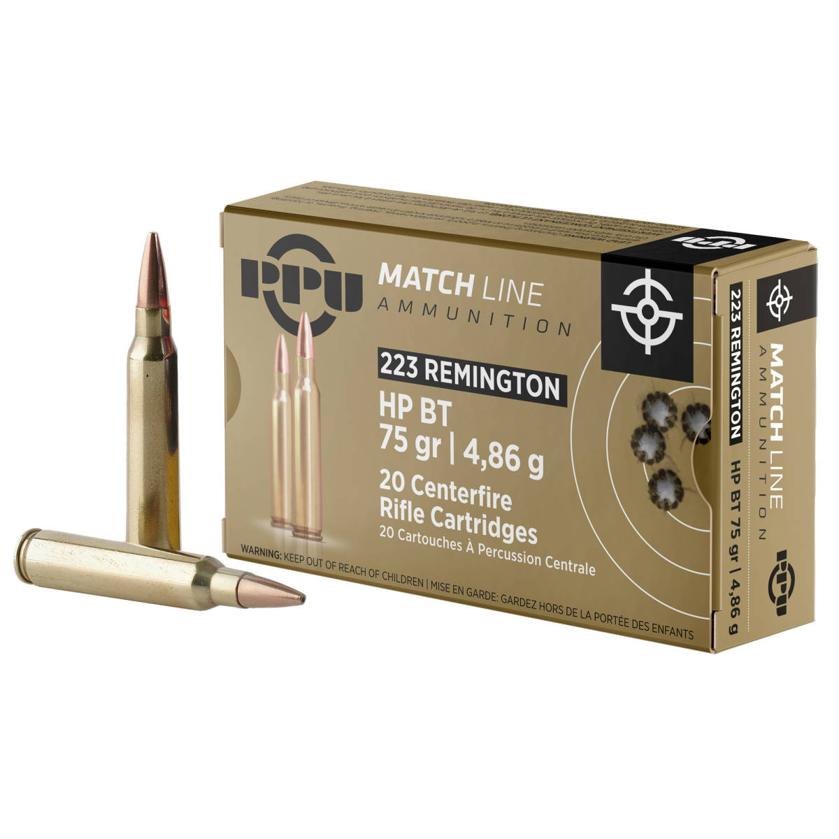 PPU PPM2232 Match 223Rem 75gr Hollow Point Boat Tail 20 Per Box/50 Case-img-0
